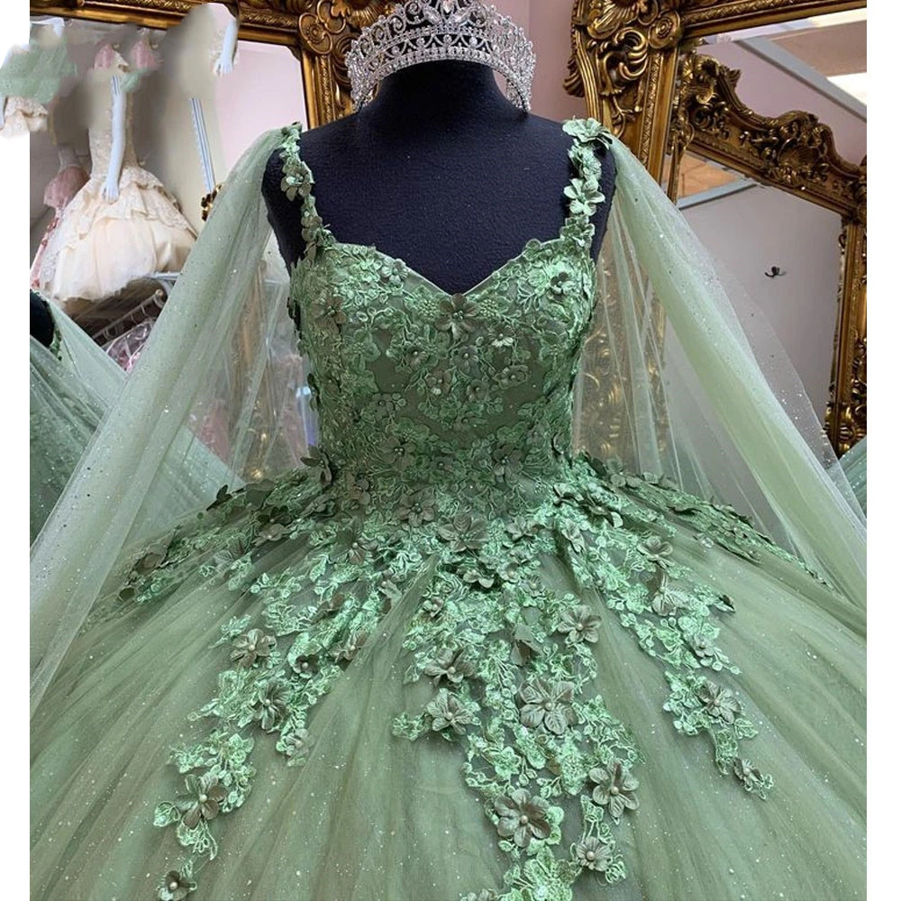 2024 Elegant Princess Quinceanera Dresses With Cape Wrap 3D Floral Lace Appliques Long Glitter Sequin Sage Tulle Prom Occasion Gowns Sweet 16 Party Dr