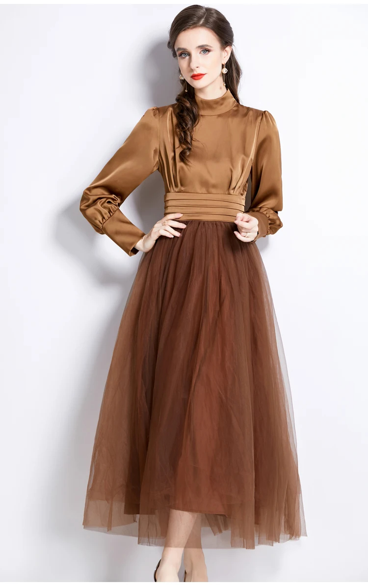 Basic Casual Dresses Fashion Runway Design High Waist Lantern Sleeve Vintage Elegant Party Dresses Womens Stand Collar Mesh Patchwork Princess Dress 2