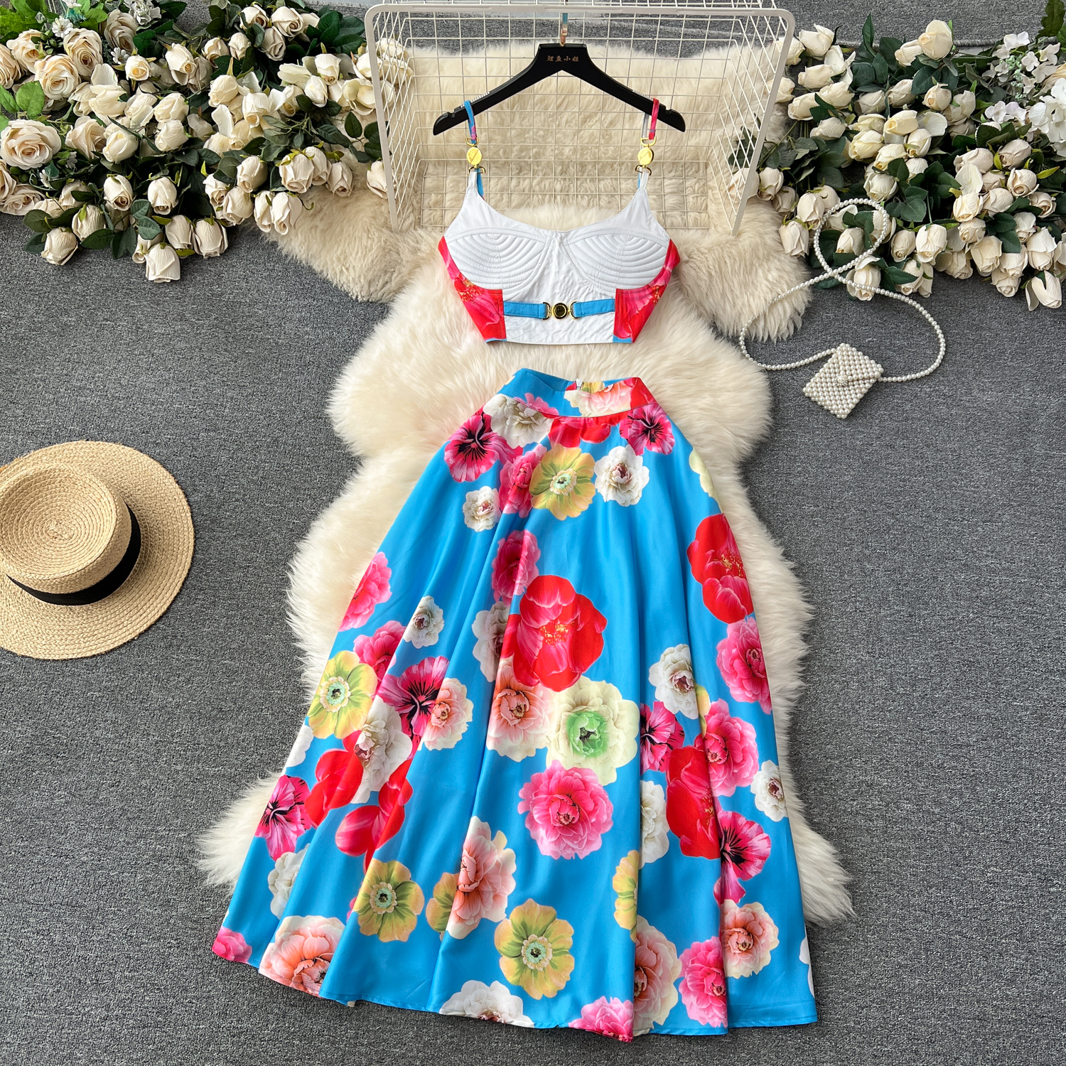 Dress Women Two Piece Set Summer Holiday Runway Spaghetti Padded Cup Zipper Strap Print Short Crop Top + Long Skirt Suits 2025