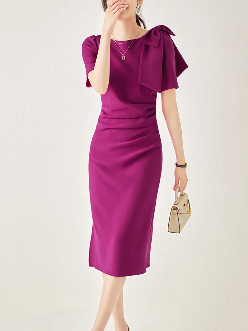 0C40m712 EVEOVNI Women's Casual Dresses Summer Dress European Celebrity Style Senior Big Bow Pleating Wrap Buttocks Skirt