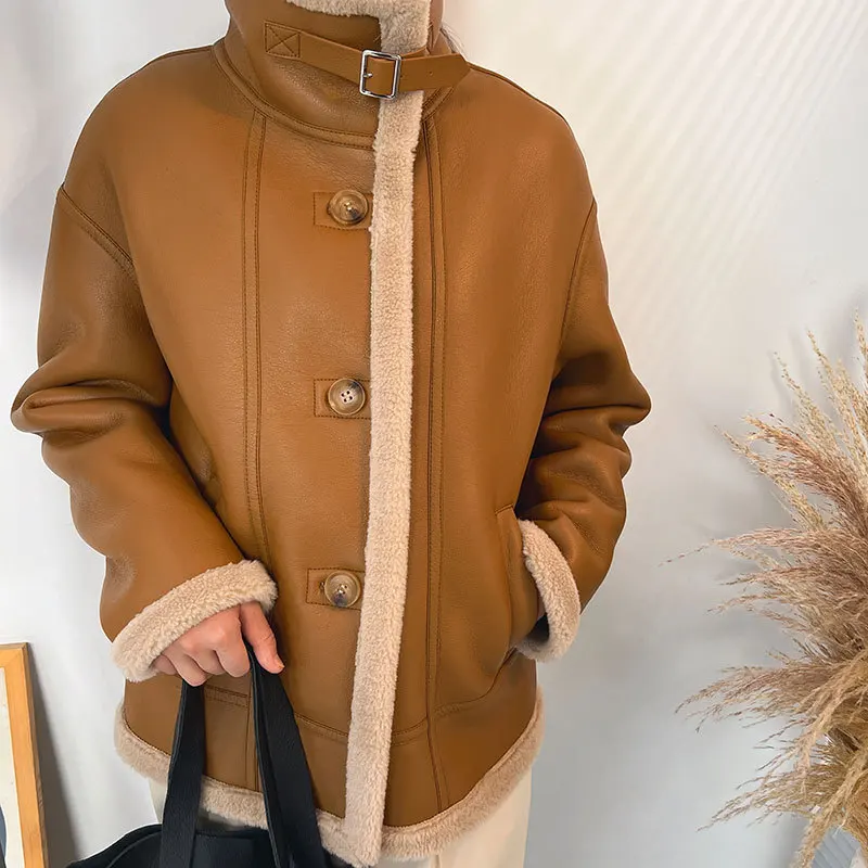 0C612M76 Women's Faux Leather Fur Coat Women Coat One Piece Winter Motorcycle Suit Lamb Fur Jacket High-end Customization