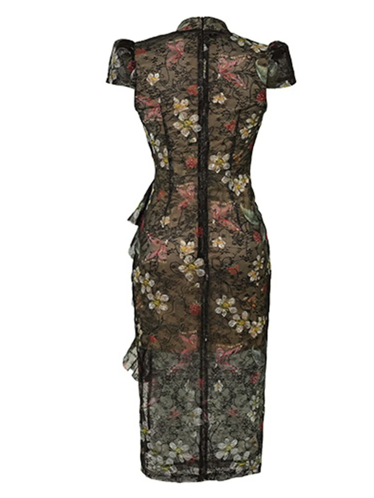 Dresses Vintage Sexy Chinese Style Qipao Women's Black Lace Folds Ruffle Slit Robe Femme Party Prom Improved Cheongsam Runway Dress