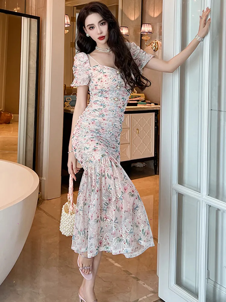 Basic Casual Dresses Mesh Strap Dress Sweet Gentle Elegant Dress For Women Mesh Flower Pleate Bubble Sleeve Bodycon Fishitail Robe Party Holiday Vesti