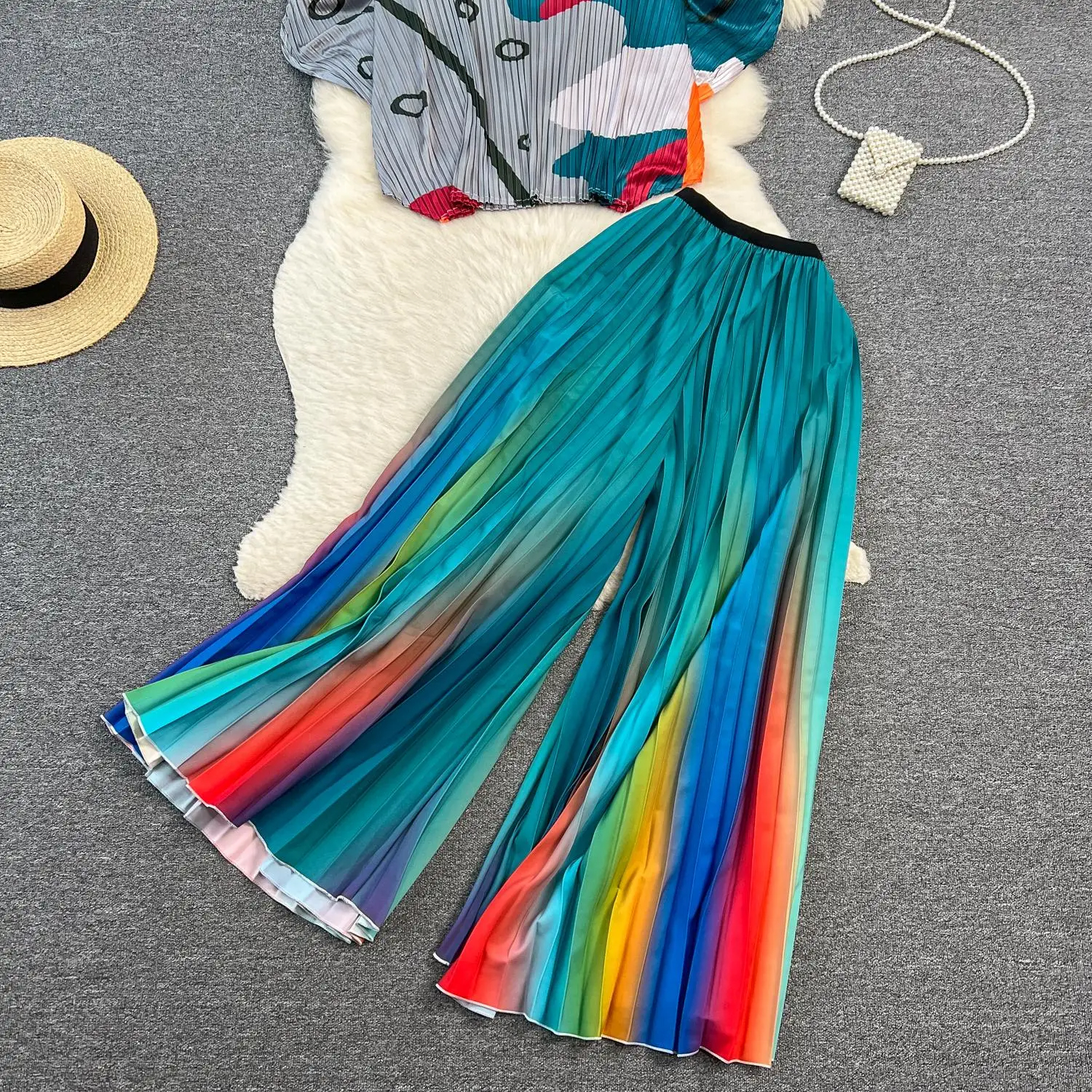 Woman Two Piece Pants Pleated Suit Women Batwing Sleeve Printed Loose Tops and Gradient Print Wide Leg Trouser Runway 2 Pieces Pant Set 2024