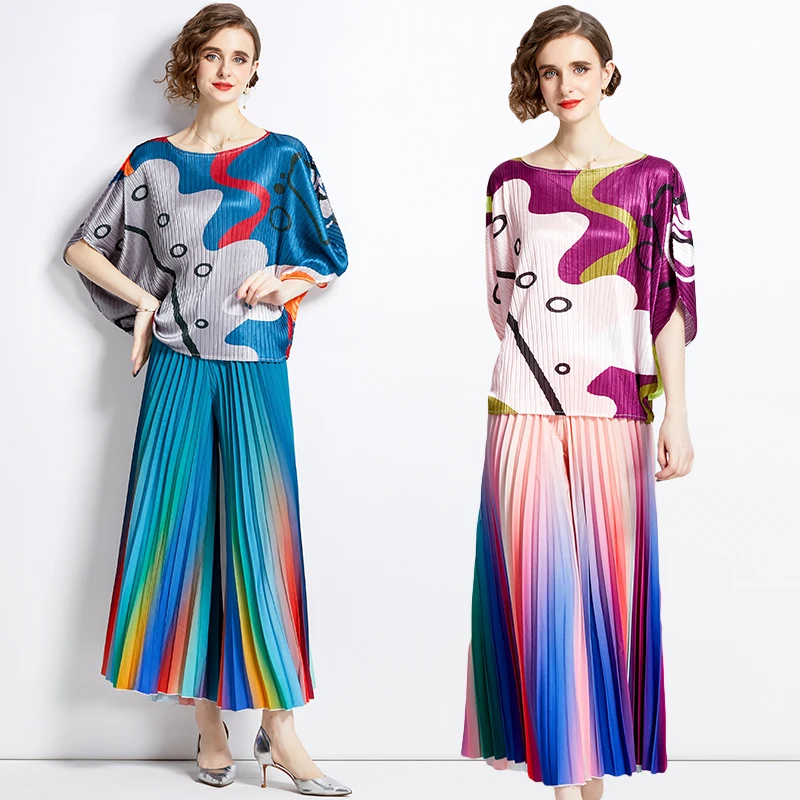 Woman Two Piece Pants Pleated Suit Women Batwing Sleeve Printed Loose Tops and Gradient Print Wide Leg Trouser Runway 2 Pieces Pant Set 2024