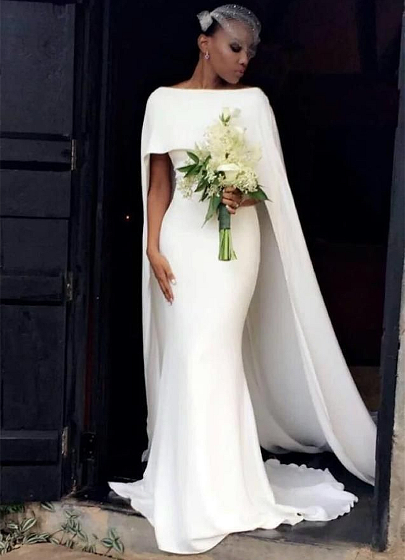Cathedral Mermaid Wedding Dress Long Train 2024 African Simple Ivory Satin Bridal Gowns With Cape Wrap Elegant Bride Dresses