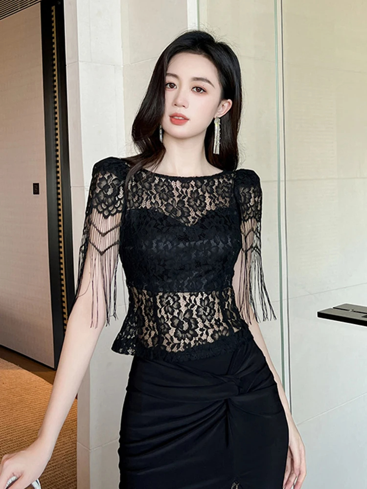 Women's Sweaters French Chic Elegant T-shirt Black Perspective Tassel Sleeves Tops Sexy Lace Blouse Hook Floral Tees Party Prom Blouse Lady 2024