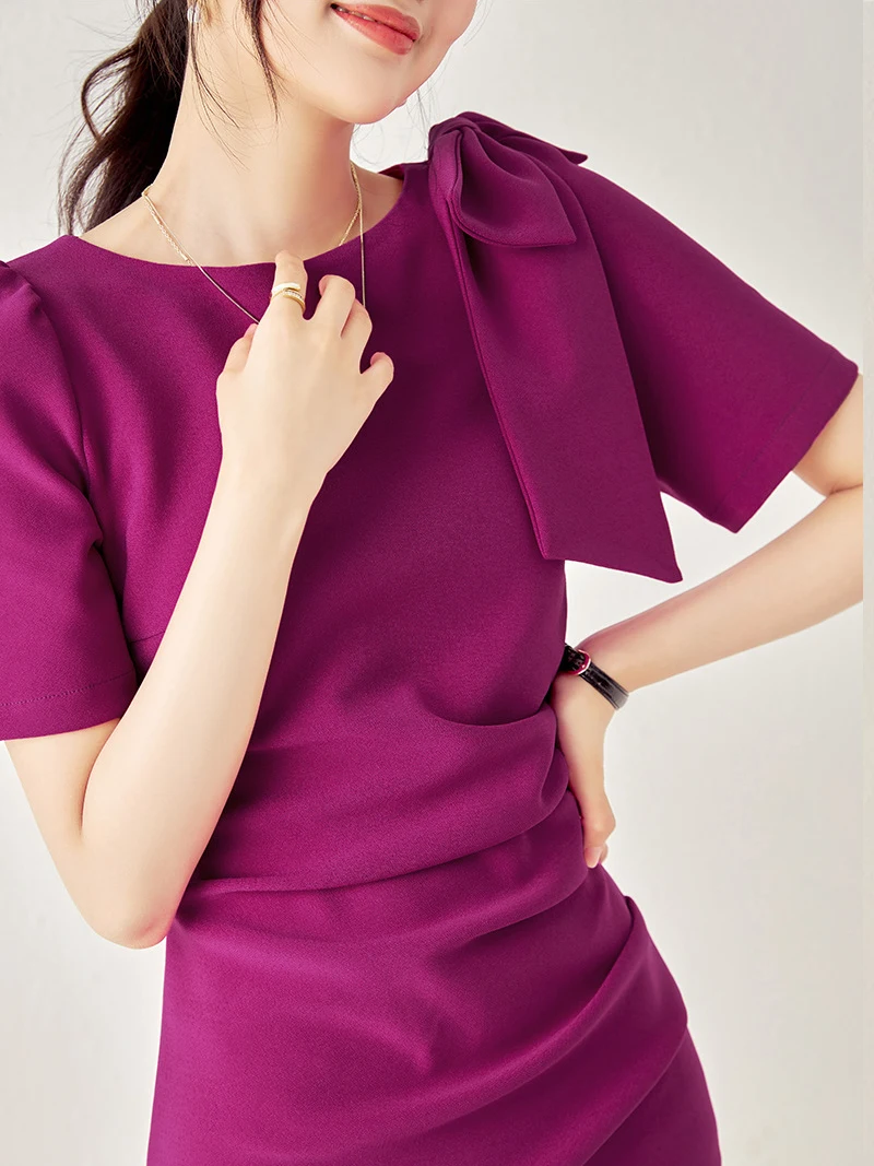 0C40m712 EVEOVNI Women's Casual Dresses Summer Dress European Celebrity Style Senior Big Bow Pleating Wrap Buttocks Skirt