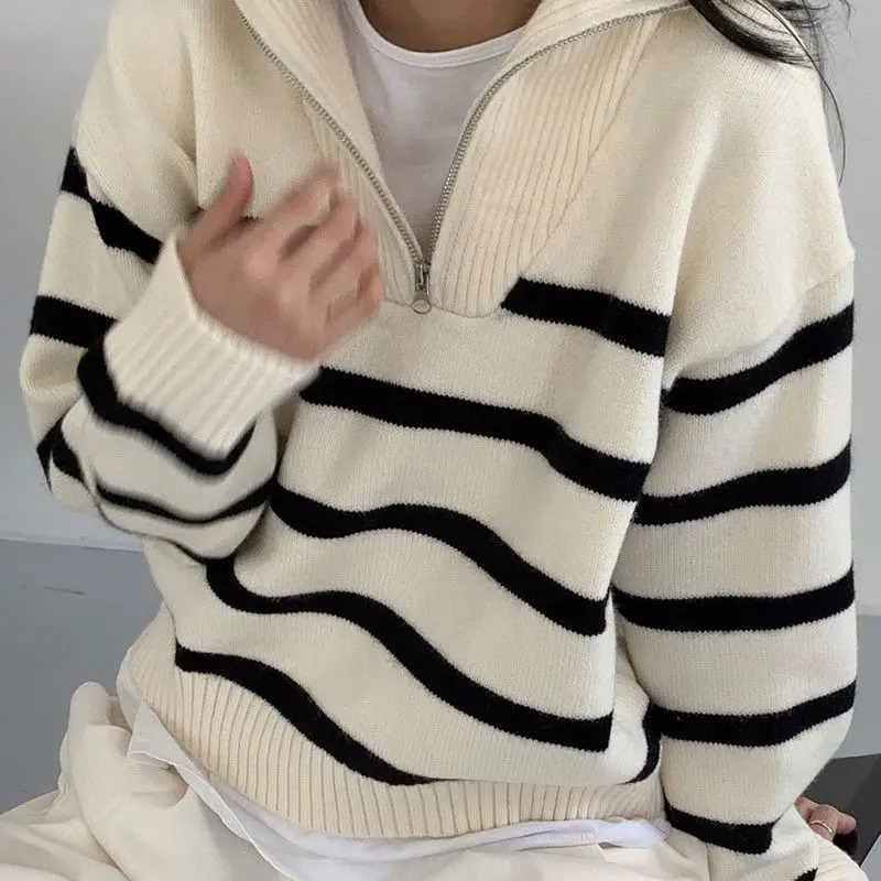 Womens Sweaters Striped Fashion Women Sweaters Autumn Winter Pullovers Korean Knitwears Long Sleeve Zipper Knit Top Ladies Sweater Jumper 231013
