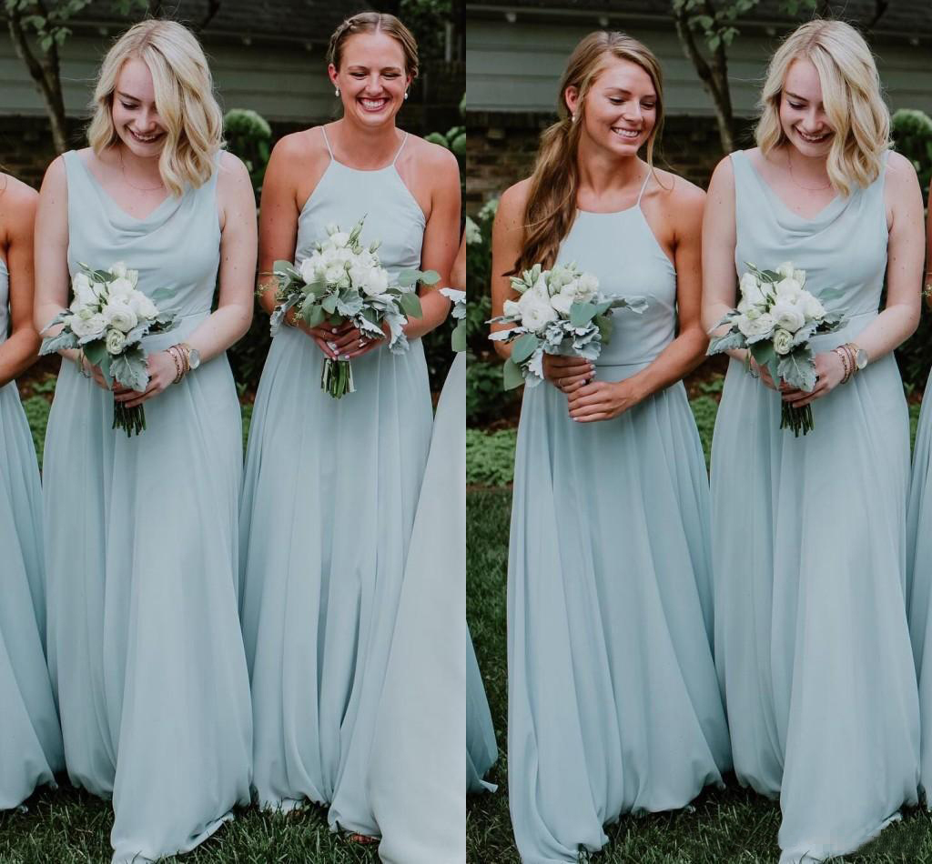 2023 Custom Made Simple Chiffon Bridesmaid Dresses Floor Length Spaghetti Straps Halter Beach Maid of Honor Gown Plus Size