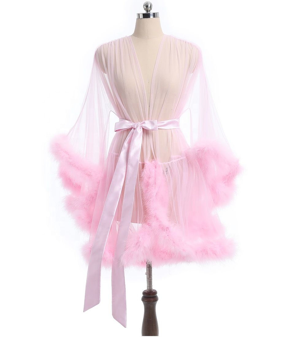 Sleepwear Short Feather Robe Dressing Gown Bridal Boudoir Sheer Robe Tulle Costume