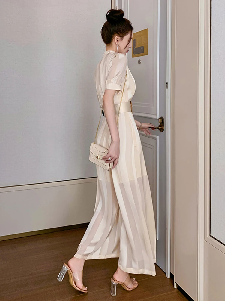 Basic Casual Dresses Summer Women Jumpsuit Elegant Noble Professional Fashion Striped V-neck Adjustable Waist Long Wide Leg Rompers Office Street 2024