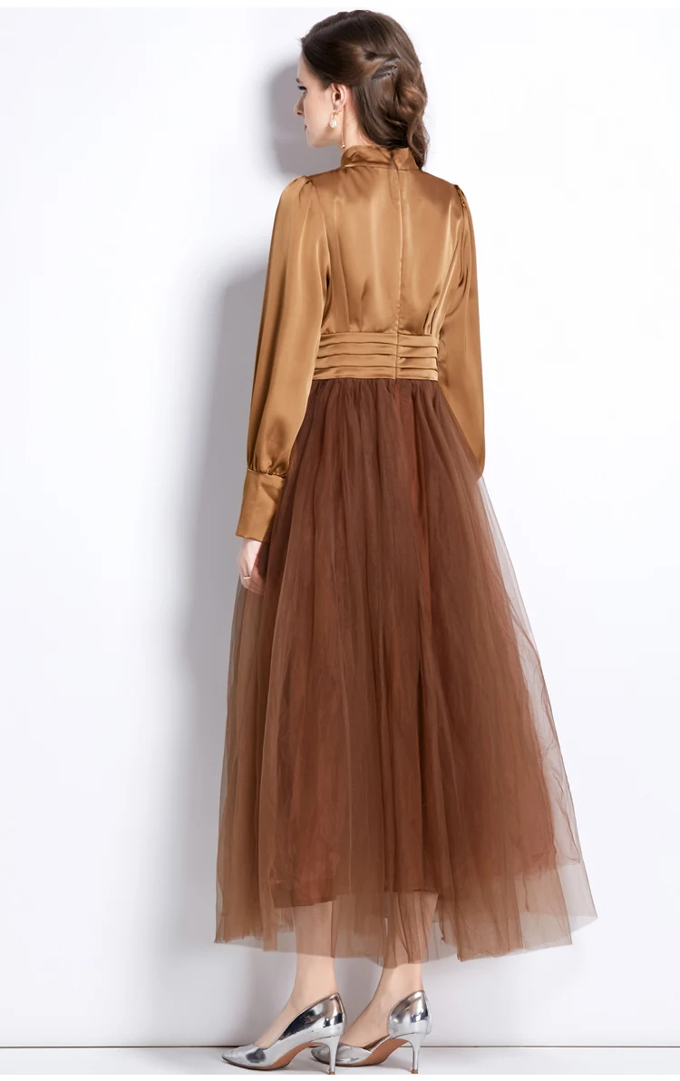 Basic Casual Dresses Fashion Runway Design High Waist Lantern Sleeve Vintage Elegant Party Dresses Womens Stand Collar Mesh Patchwork Princess Dress 2