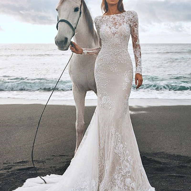 Vintage Lace Mermaid Wedding Dress Long Seeves Appliques Beach Bridal Gowns Court Train 2024 Gorgeous Country Bride Dresses