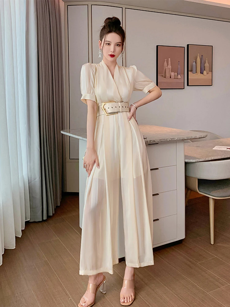 Basic Casual Dresses Summer Women Jumpsuit Elegant Noble Professional Fashion Striped V-neck Adjustable Waist Long Wide Leg Rompers Office Street 2024