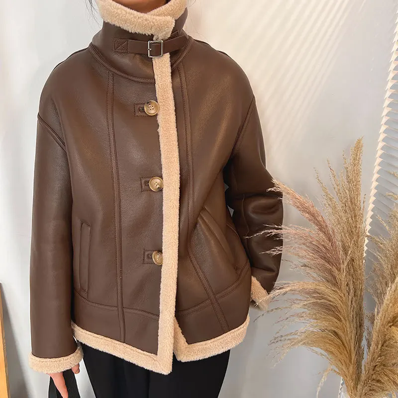 0C612M76 Women's Faux Leather Fur Coat Women Coat One Piece Winter Motorcycle Suit Lamb Fur Jacket High-end Customization