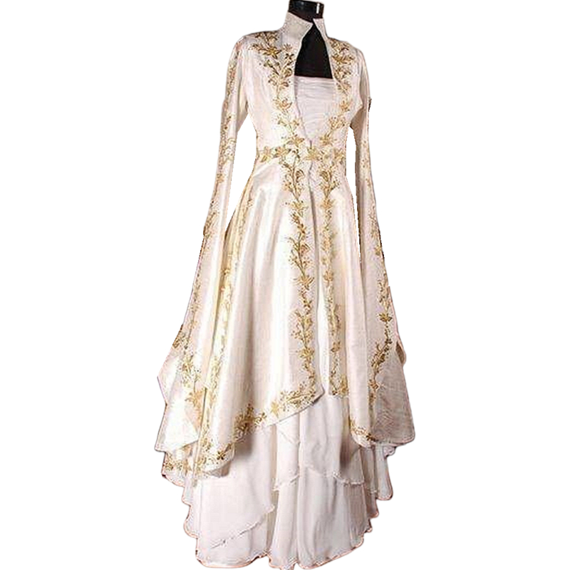 2024 Vintage Victorian Prom Dresses Long Sleeves Stand Collar Gold Lace Appliques A-Line Floor Length Formal Party Gowns Medieval Women Evening Dress