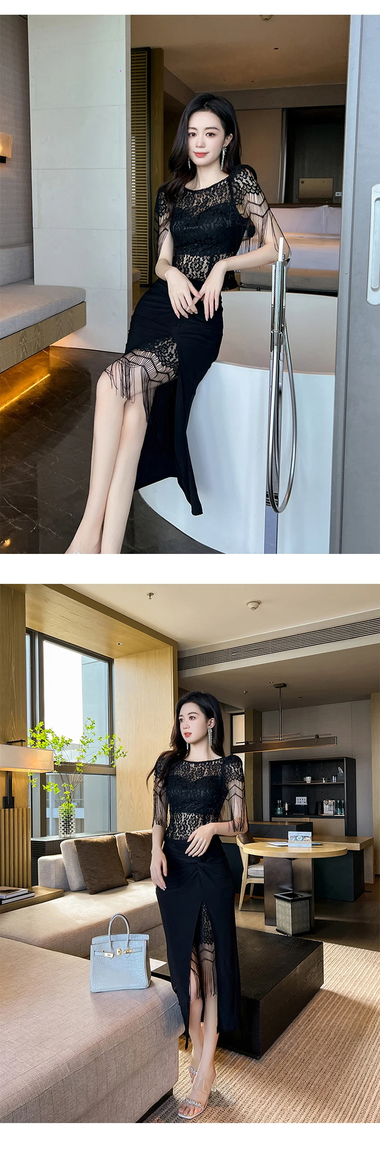 Women's Sweaters French Chic Elegant T-shirt Black Perspective Tassel Sleeves Tops Sexy Lace Blouse Hook Floral Tees Party Prom Blouse Lady 2024