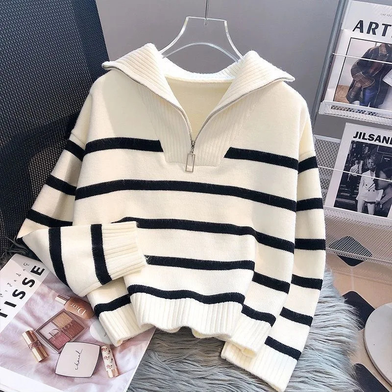 Womens Sweaters Striped Fashion Women Sweaters Autumn Winter Pullovers Korean Knitwears Long Sleeve Zipper Knit Top Ladies Sweater Jumper 231013