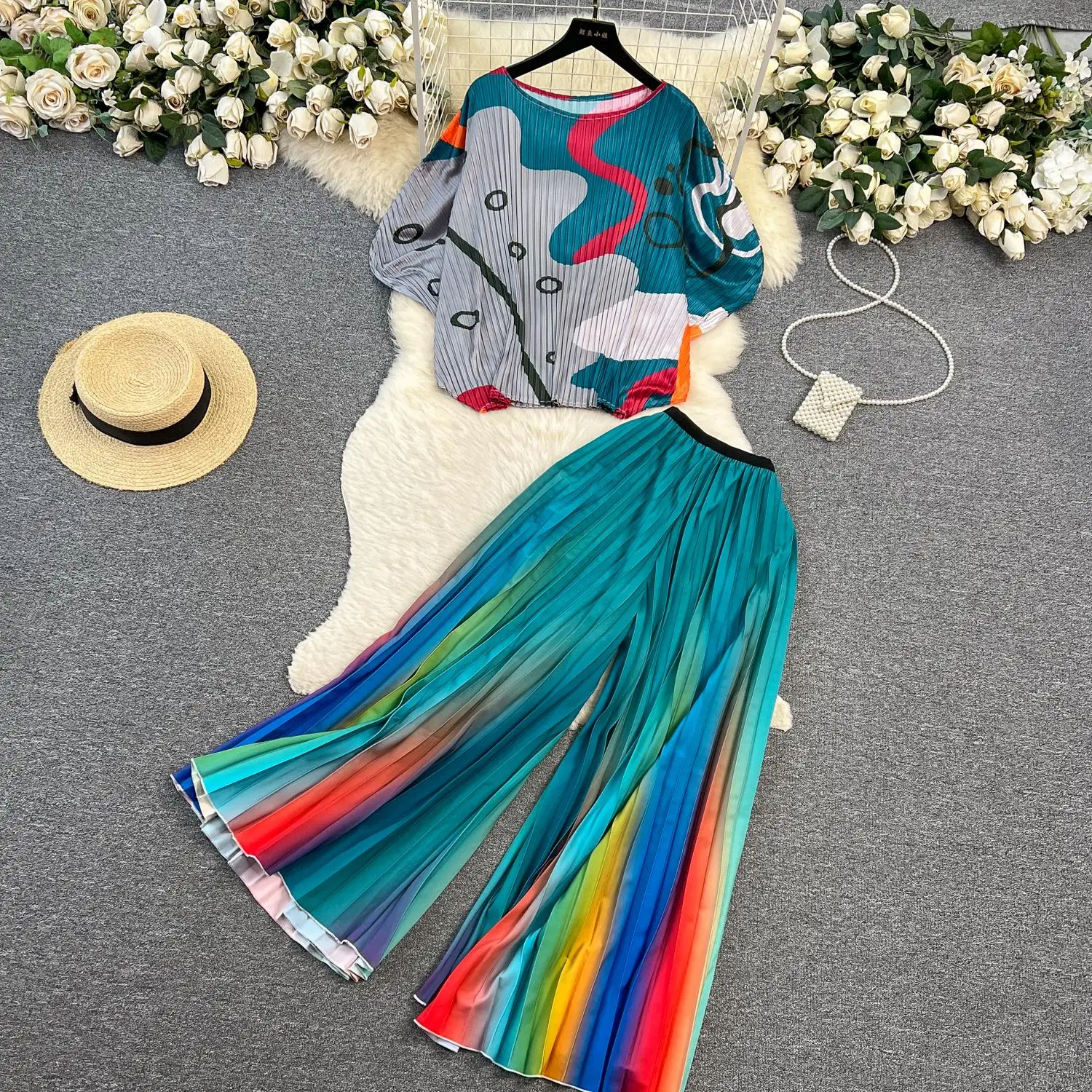 Woman Two Piece Pants Pleated Suit Women Batwing Sleeve Printed Loose Tops and Gradient Print Wide Leg Trouser Runway 2 Pieces Pant Set 2024