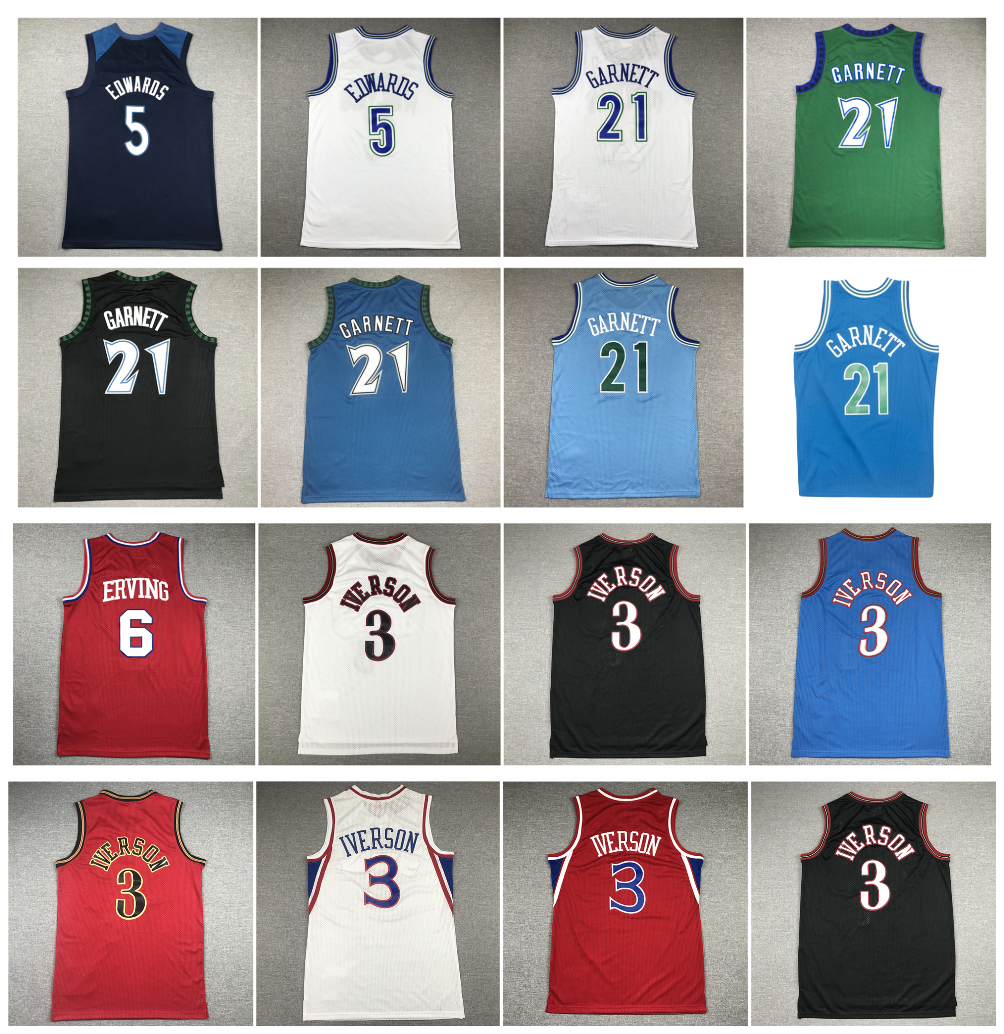 21 Kevin Garnett Timberwolve Basketball Jersey Minnesotas Anthony Edwards Sixer 3 Allen Iverson 6 Julius Erving Throwback Black White Size S-XXL