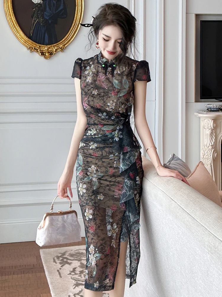 Dresses Vintage Sexy Chinese Style Qipao Women's Black Lace Folds Ruffle Slit Robe Femme Party Prom Improved Cheongsam Runway Dress
