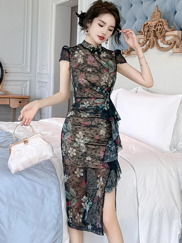 Dresses Vintage Sexy Chinese Style Qipao Women's Black Lace Folds Ruffle Slit Robe Femme Party Prom Improved Cheongsam Runway Dress