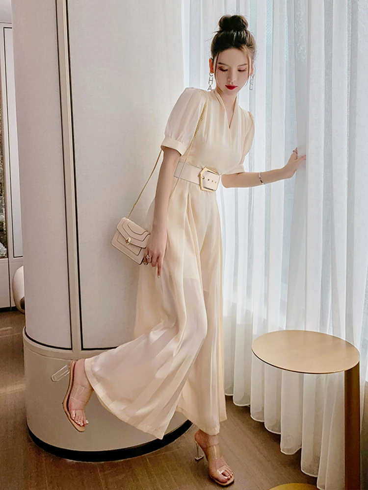 Basic Casual Dresses Summer Women Jumpsuit Elegant Noble Professional Fashion Striped V-neck Adjustable Waist Long Wide Leg Rompers Office Street 2024