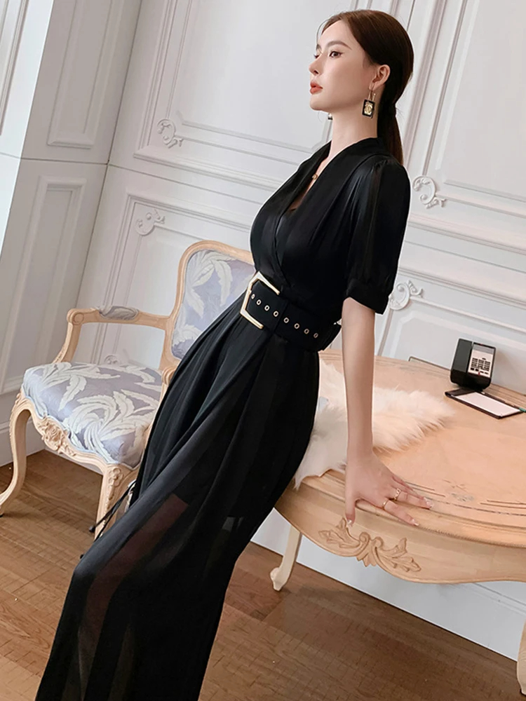 Basic Casual Dresses Summer Women Jumpsuit Elegant Noble Professional Fashion Striped V-neck Adjustable Waist Long Wide Leg Rompers Office Street 2024