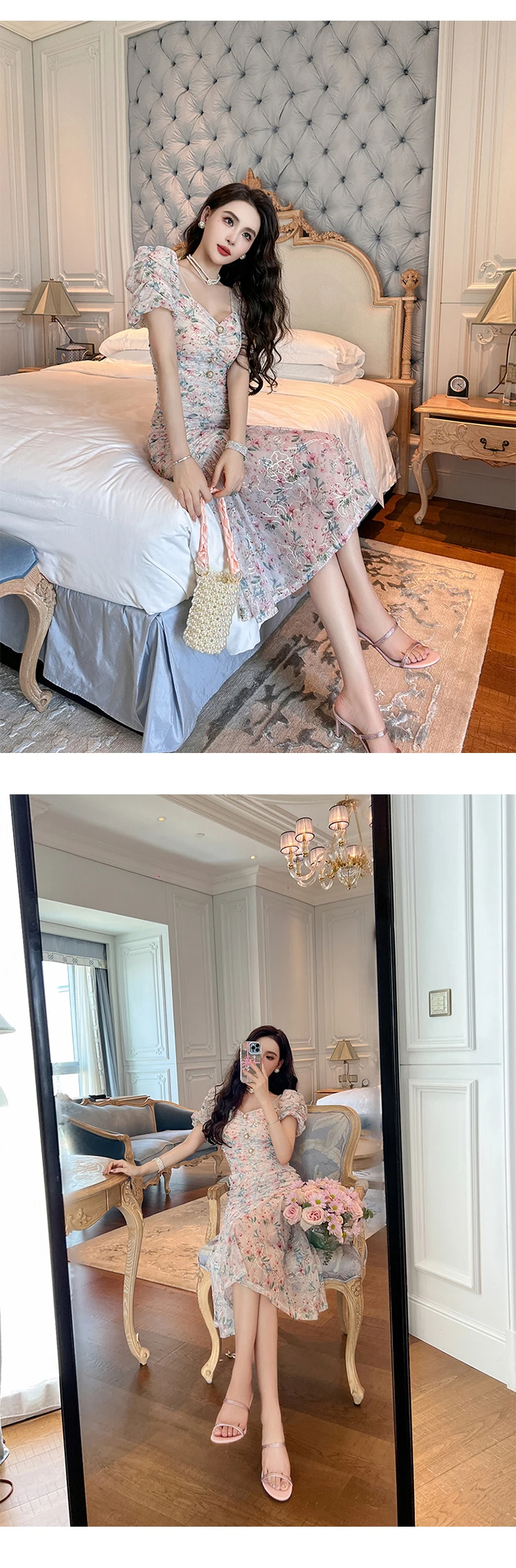 Basic Casual Dresses Mesh Strap Dress Sweet Gentle Elegant Dress For Women Mesh Flower Pleate Bubble Sleeve Bodycon Fishitail Robe Party Holiday Vesti