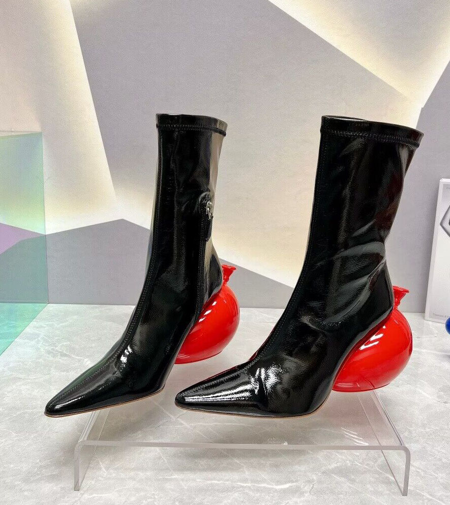 Women's High Quality Designer Dress Shoes Fashion Pointed Leather Balloon Decorated High Heels 8.5cm Show Party Engagement Holiday Banquet Naked Boots 35-40