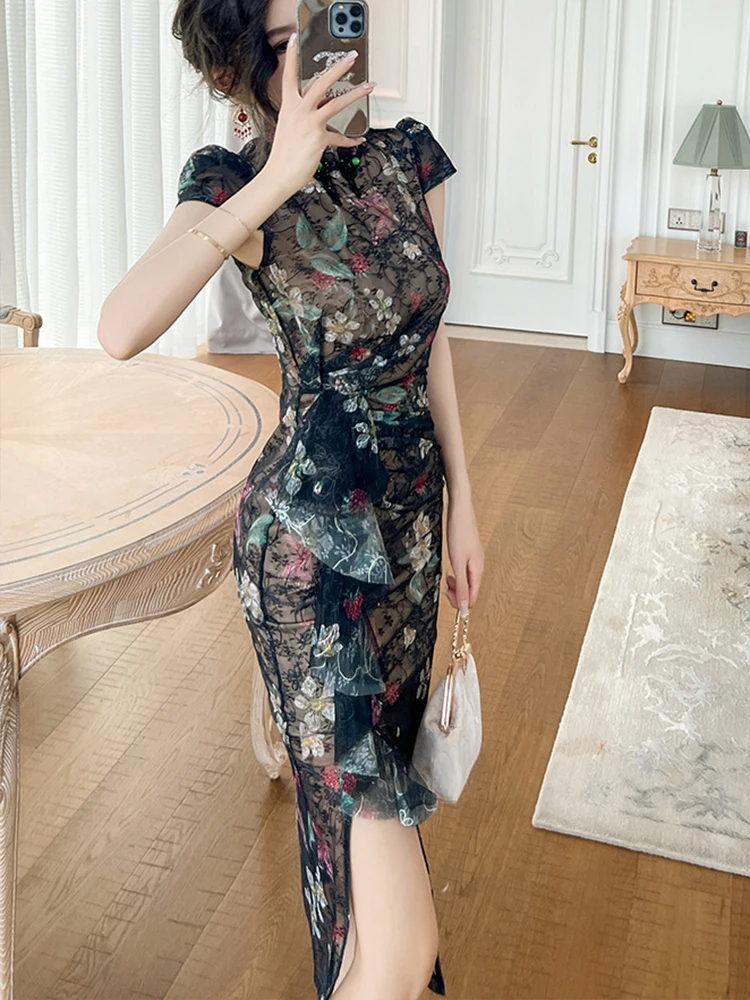 Dresses Vintage Sexy Chinese Style Qipao Women's Black Lace Folds Ruffle Slit Robe Femme Party Prom Improved Cheongsam Runway Dress
