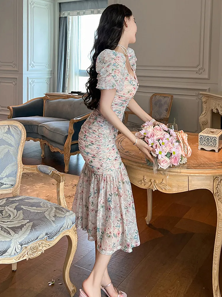 Basic Casual Dresses Mesh Strap Dress Sweet Gentle Elegant Dress For Women Mesh Flower Pleate Bubble Sleeve Bodycon Fishitail Robe Party Holiday Vesti