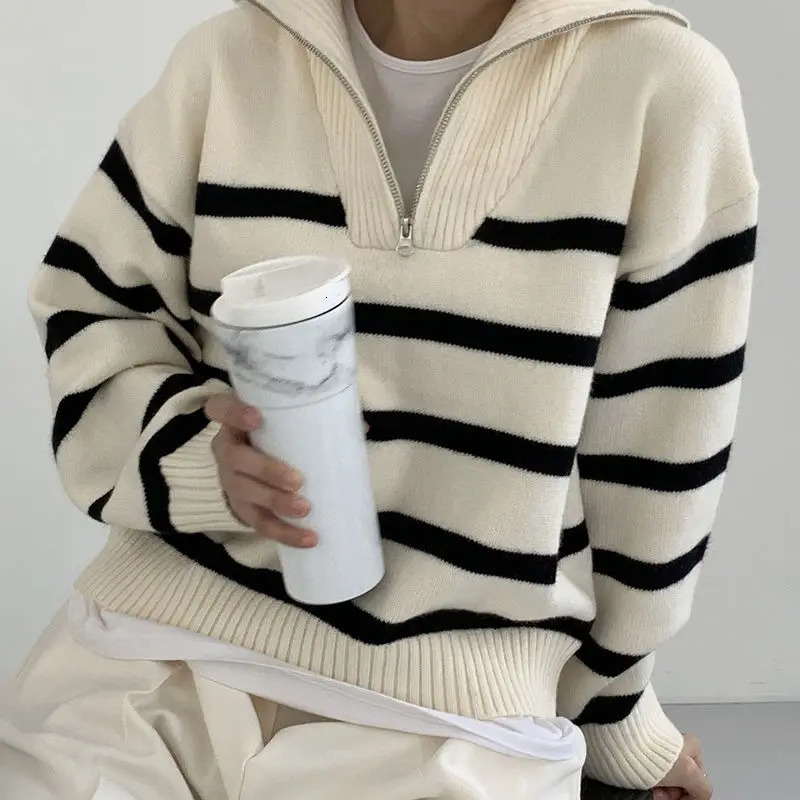 Womens Sweaters Striped Fashion Women Sweaters Autumn Winter Pullovers Korean Knitwears Long Sleeve Zipper Knit Top Ladies Sweater Jumper 231013