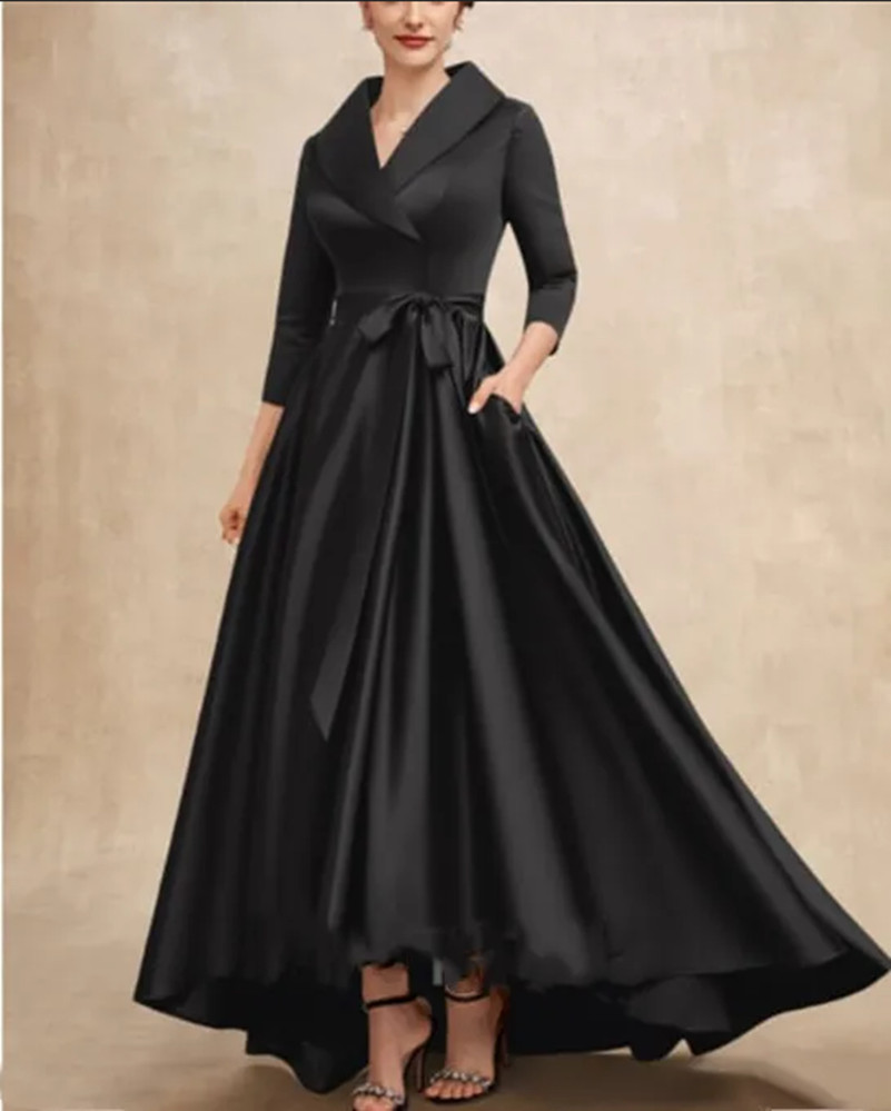 Elegant Long High-Low Satin Mother Of The Bride Dresses Asymmetrical Plus Black V-Neck Groom Mother Dresses With Pockets La madre del vestido de novia