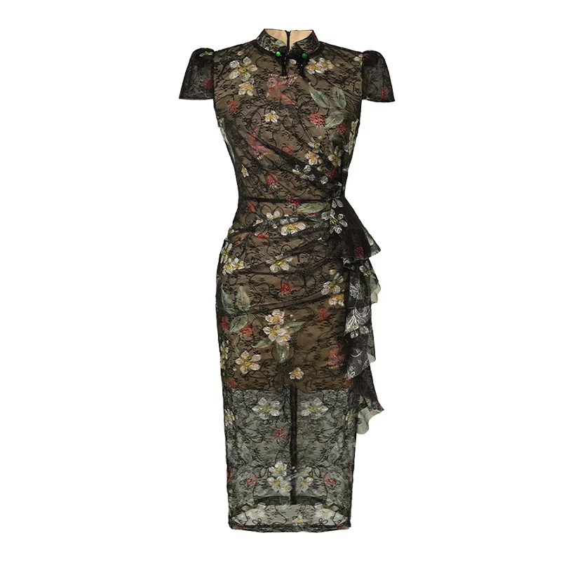 Dresses Vintage Sexy Chinese Style Qipao Women's Black Lace Folds Ruffle Slit Robe Femme Party Prom Improved Cheongsam Runway Dress