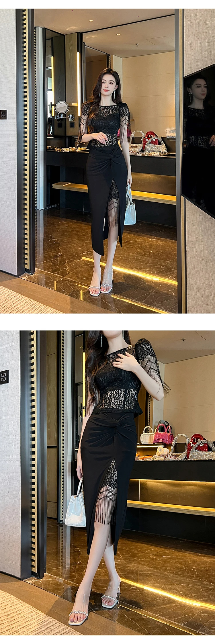 Women's Sweaters French Chic Elegant T-shirt Black Perspective Tassel Sleeves Tops Sexy Lace Blouse Hook Floral Tees Party Prom Blouse Lady 2024