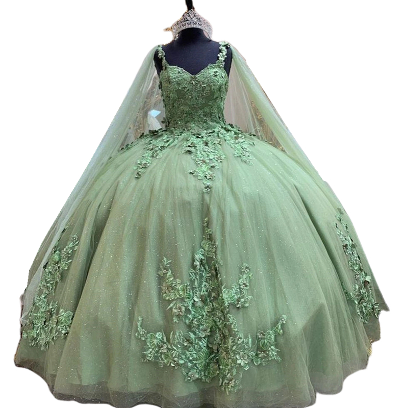 2024 Elegant Princess Quinceanera Dresses With Cape Wrap 3D Floral Lace Appliques Long Glitter Sequin Sage Tulle Prom Occasion Gowns Sweet 16 Party Dr