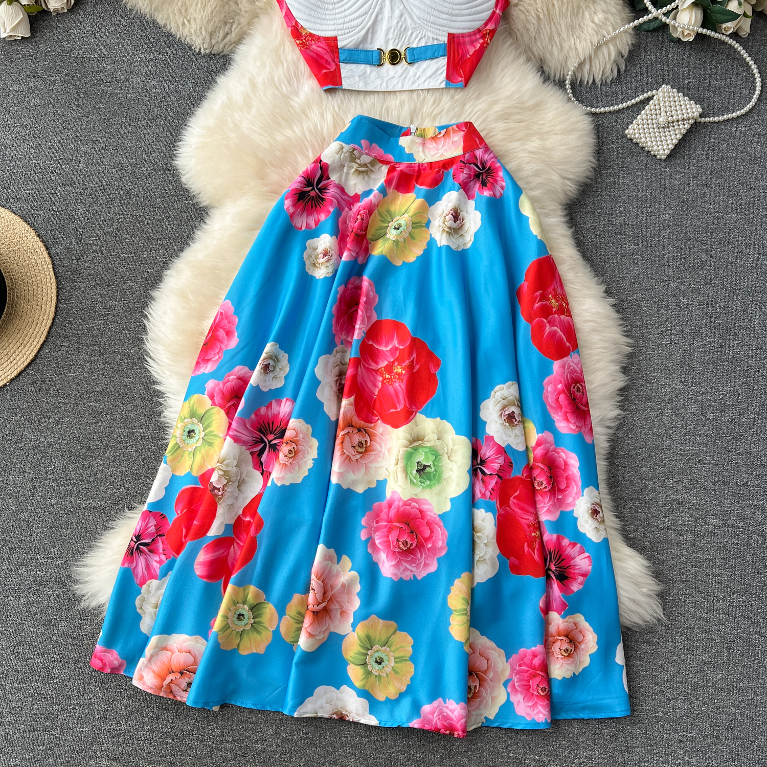 Dress Women Two Piece Set Summer Holiday Runway Spaghetti Padded Cup Zipper Strap Print Short Crop Top + Long Skirt Suits 2025
