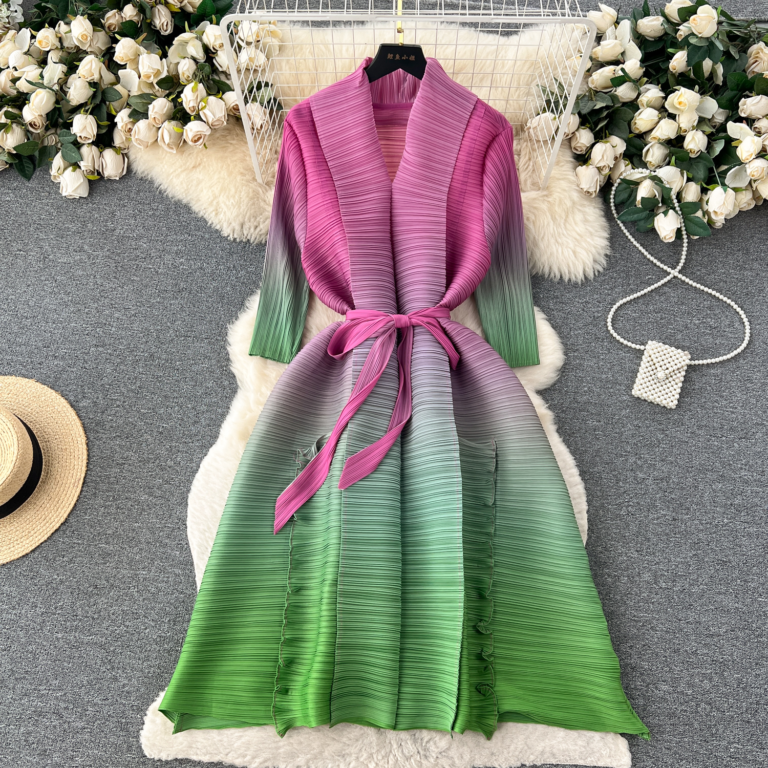 Womens Outerwear WomenTrench Coats Winter Clothes Spring Contrast Color Miyake Pleated Dress for Women Open Stitch Belt A-Line Midi Dress Ladies Party