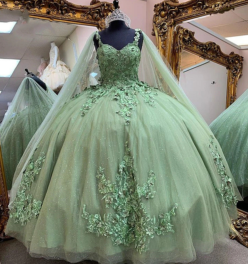 2024 Elegant Princess Quinceanera Dresses With Cape Wrap 3D Floral Lace Appliques Long Glitter Sequin Sage Tulle Prom Occasion Gowns Sweet 16 Party Dr