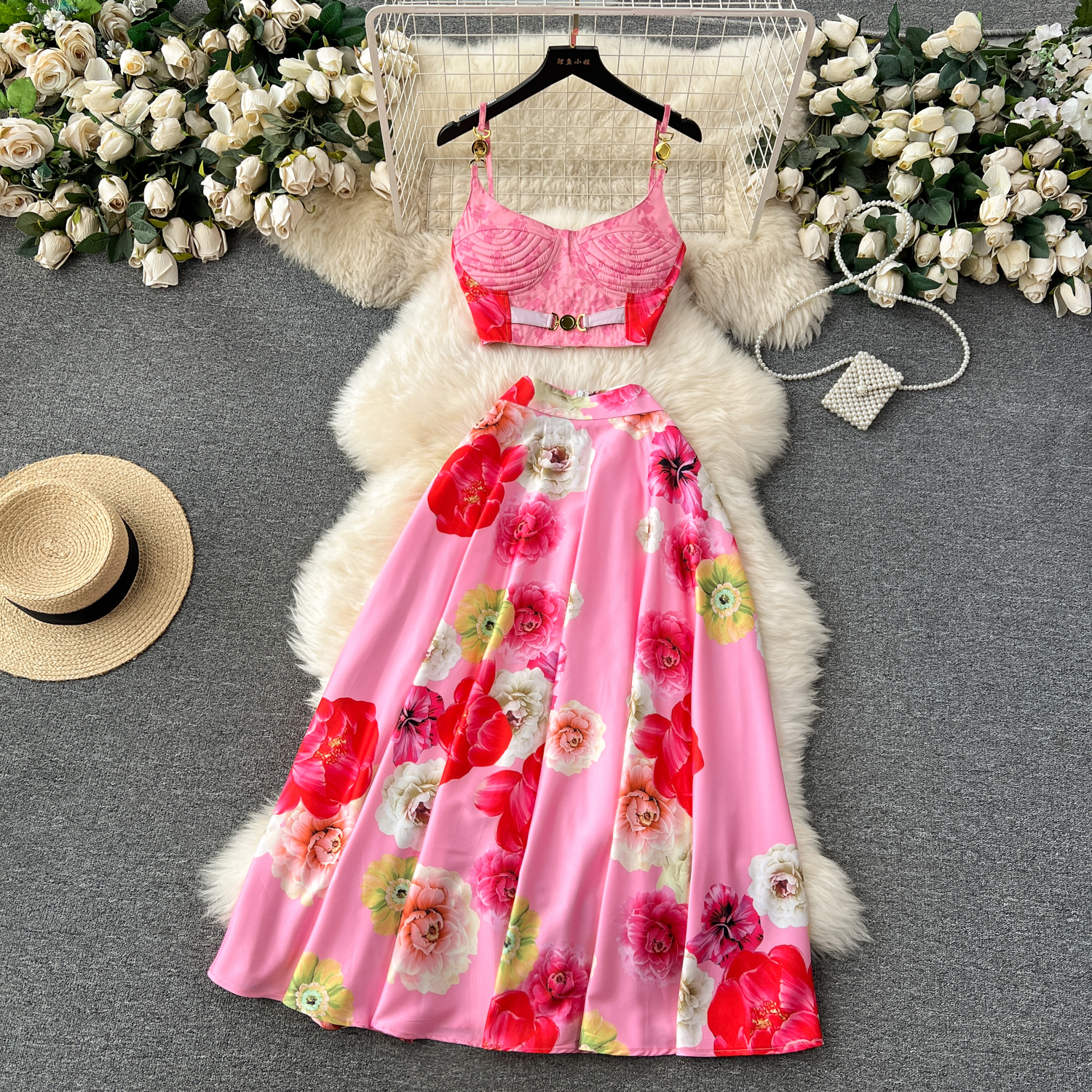 Dress Women Two Piece Set Summer Holiday Runway Spaghetti Padded Cup Zipper Strap Print Short Crop Top + Long Skirt Suits 2025