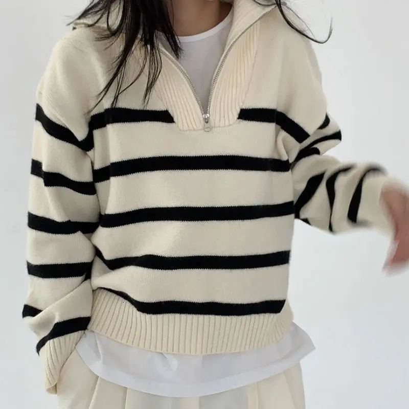 Womens Sweaters Striped Fashion Women Sweaters Autumn Winter Pullovers Korean Knitwears Long Sleeve Zipper Knit Top Ladies Sweater Jumper 231013