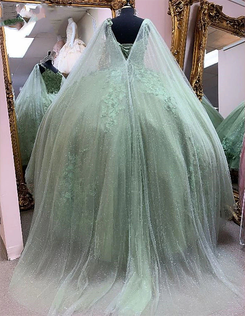 2024 Elegant Princess Quinceanera Dresses With Cape Wrap 3D Floral Lace Appliques Long Glitter Sequin Sage Tulle Prom Occasion Gowns Sweet 16 Party Dr