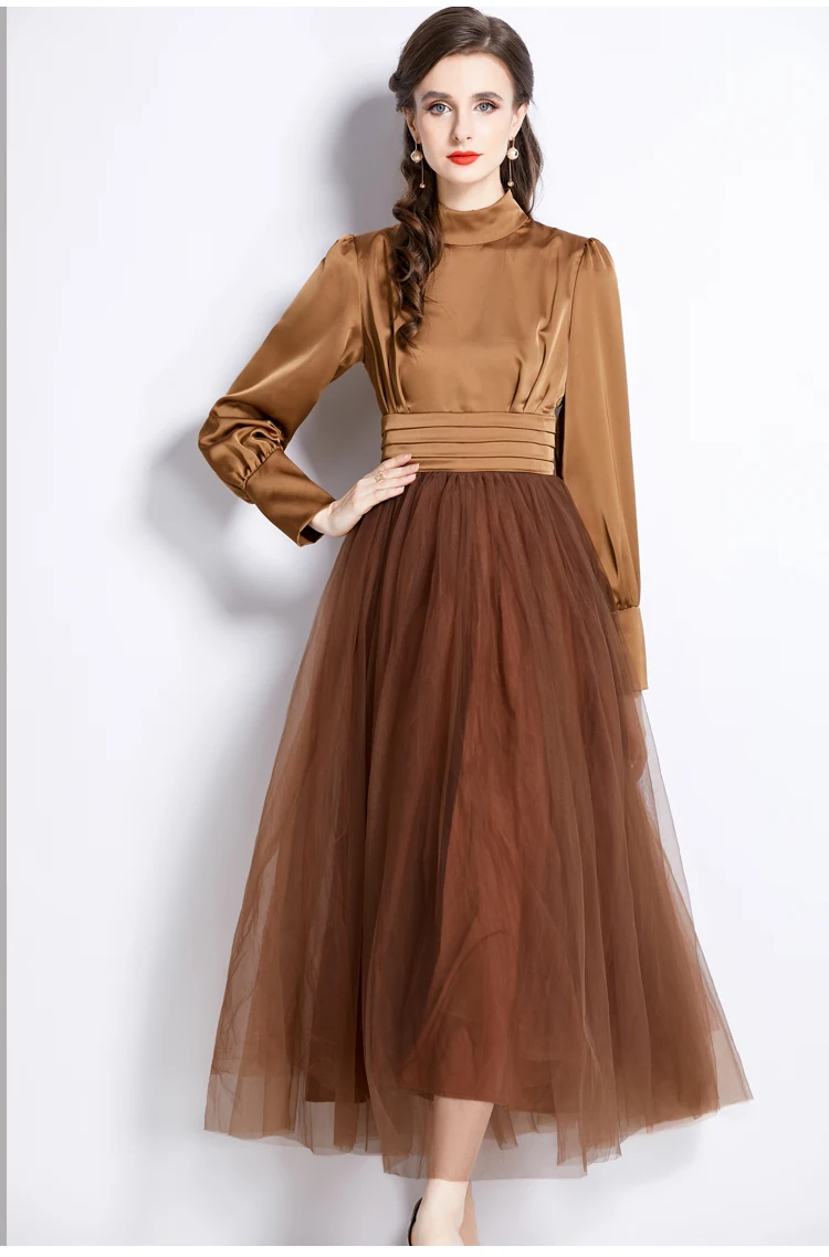 Basic Casual Dresses Fashion Runway Design High Waist Lantern Sleeve Vintage Elegant Party Dresses Womens Stand Collar Mesh Patchwork Princess Dress 2