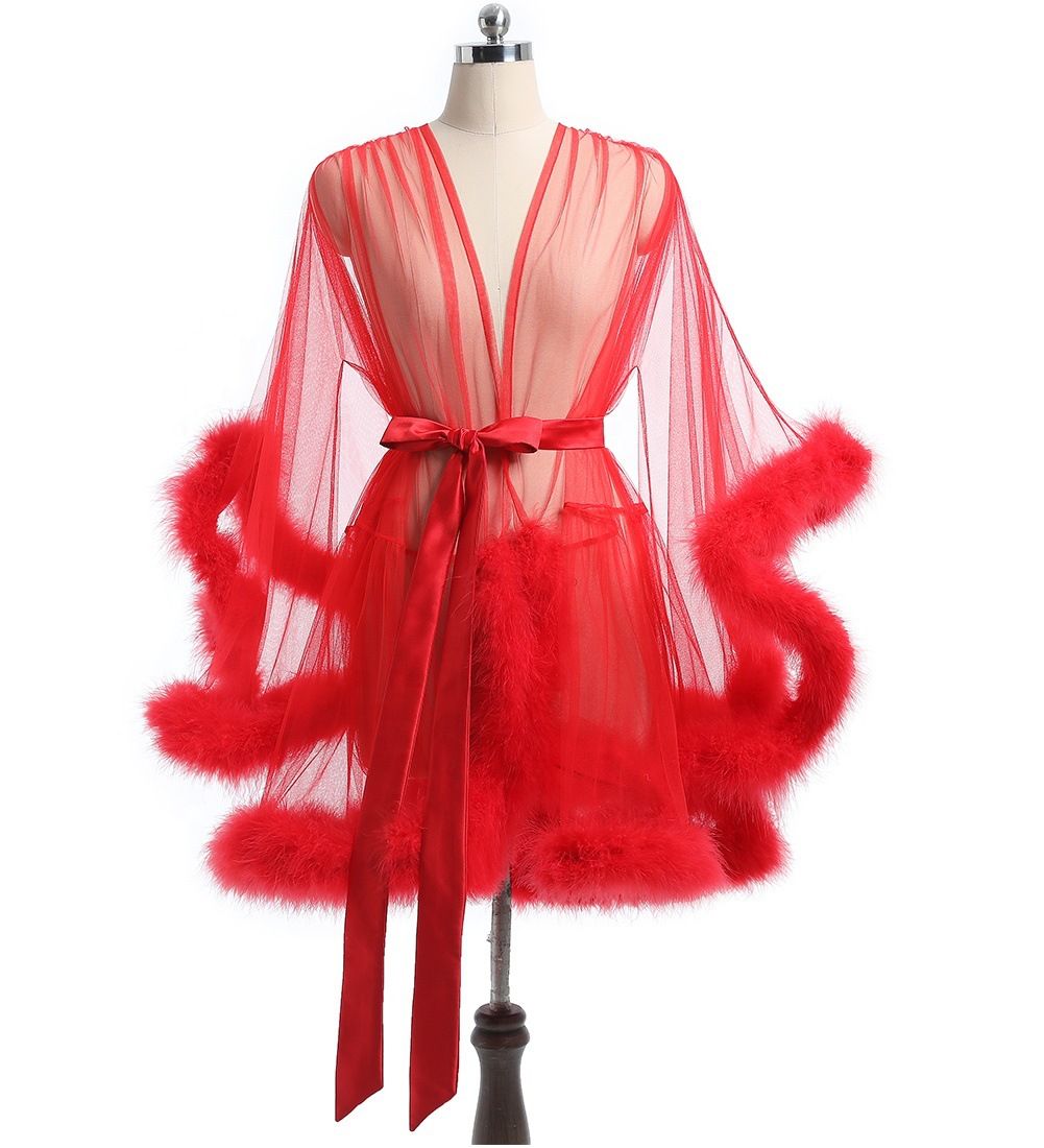 Sleepwear Short Feather Robe Dressing Gown Bridal Boudoir Sheer Robe Tulle Costume