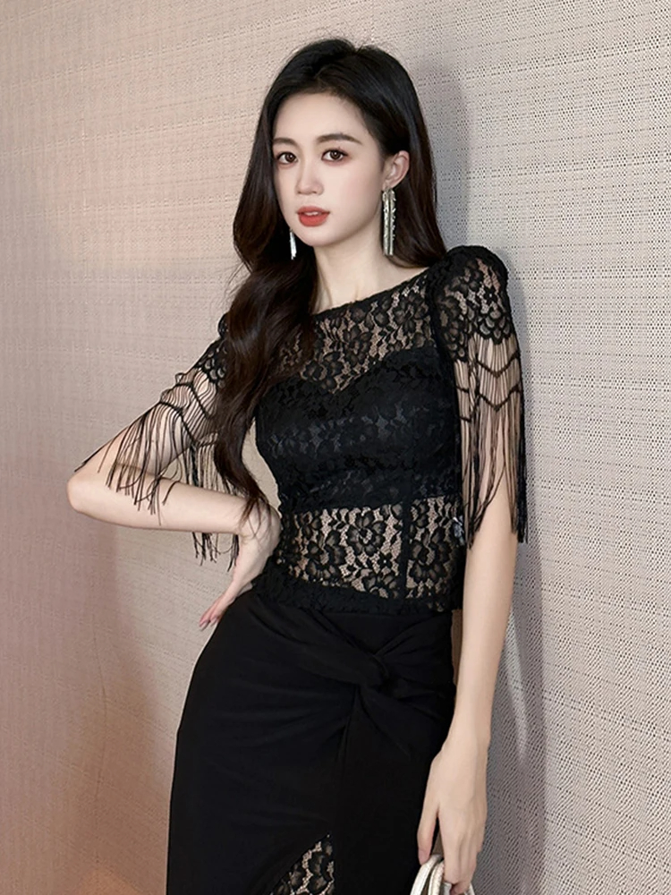Women's Sweaters French Chic Elegant T-shirt Black Perspective Tassel Sleeves Tops Sexy Lace Blouse Hook Floral Tees Party Prom Blouse Lady 2024