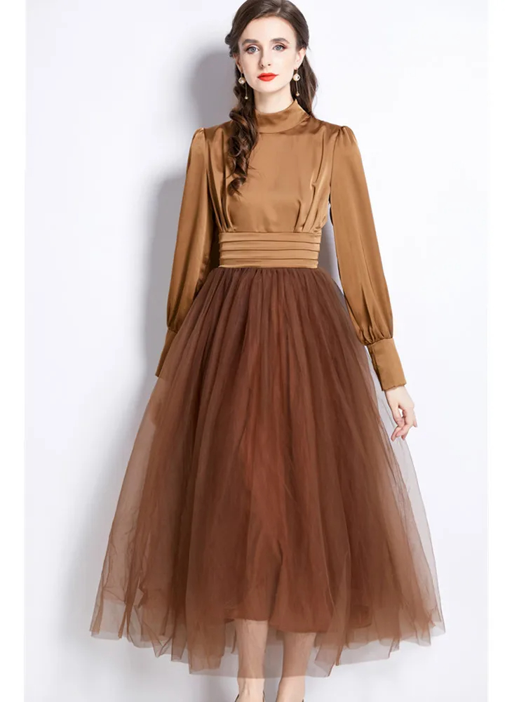 Basic Casual Dresses Fashion Runway Design High Waist Lantern Sleeve Vintage Elegant Party Dresses Womens Stand Collar Mesh Patchwork Princess Dress 2