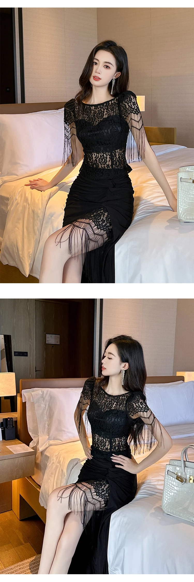 Women's Sweaters French Chic Elegant T-shirt Black Perspective Tassel Sleeves Tops Sexy Lace Blouse Hook Floral Tees Party Prom Blouse Lady 2024