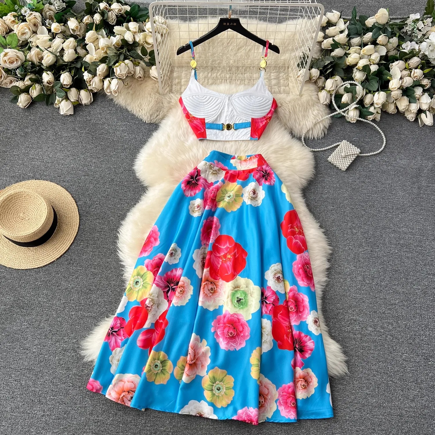 Dress Women Two Piece Set Summer Holiday Runway Spaghetti Padded Cup Zipper Strap Print Short Crop Top + Long Skirt Suits 2025